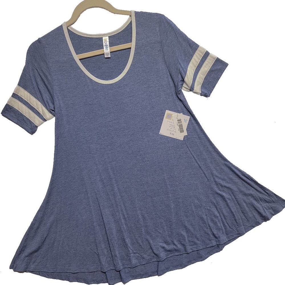 LuLaRoe Perfect T XXS Varsity Stripe Blue Ivory Sporty Swing Tunic Tee Top Solid